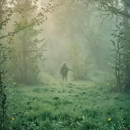 a person walking through the grass near some trees
