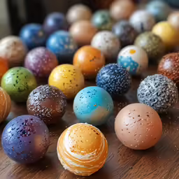 several different colored eggs are on a table