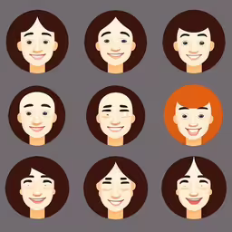 the different faces and hairs of people with different facial shapes,a person is smiling with several different facial expressions
