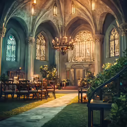 a large building with windows and lots of tables