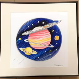 an illustration is on the wall above the wall,a drawing of a planet in a frame,drawing of planet with the saturn and two satellites in the sky,a drawing of saturn with planets on it,an art print with saturn, saturn and two small satellites
