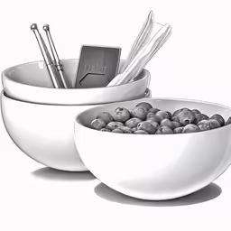 black and white image of office items in bowls