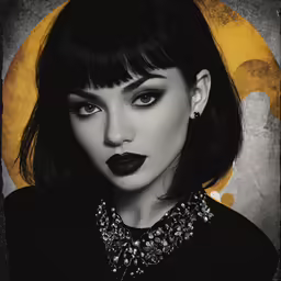a woman with black lips and long hair