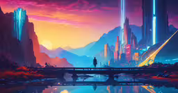 a man stands on a bridge looking at futuristic landscape,a man stands on the edge of a bridge as he looks at the cityscape and light streaks in the sky