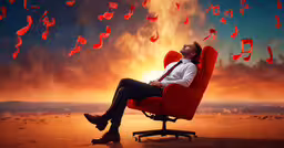 the man is asleep in the red chair,a person is sitting in an armchair with musical notes coming from the sky