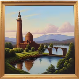 a painting on display in a museum depicts a river and a bridge,a painting of an old mosque is displayed in a gold frame