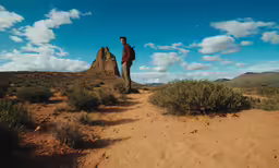 a man standing on top of a desert field
