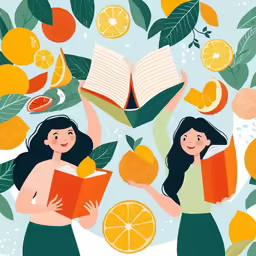 two women read books while surrounded by lemons and oranges
