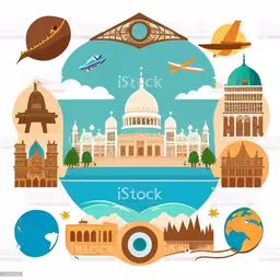 the world is in the middle of it and there are landmarks,an image of a round icon showing different tourist destinations