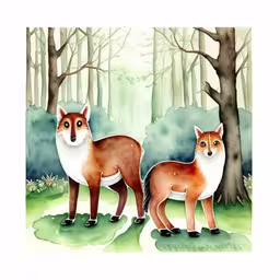 two foxes standing in a forest by a couple of trees,two brown foxes in a forest looking out into the woods,two foxes and one baby standing in the woods,two foxs are standing beside each other near trees,two foxes are standing in the woods together
