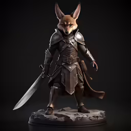 a model of an animated animal with armor, sword and helmet