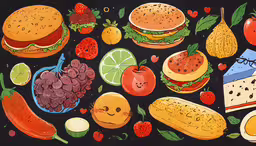 various foods are depicted on a black background,a painting of different kinds of food with an animal and a house on it