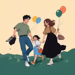 an illustration of a family walking across a field carrying balloons