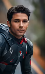 a young man in futuristic looking clothes, posing for a picture