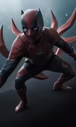 a guy dressed in a deadpool costume and a large spider man