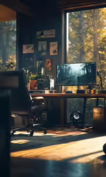 a desk with two monitors, laptop and speakers