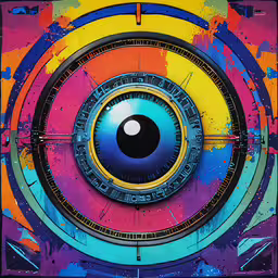 an artwork shows an eyeball, on different colors,an image of a strange colorful circular painting