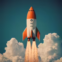 an orange and white space shuttle taking off from an airport