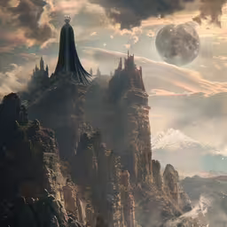 there is a castle in the sky with mountains around it,an image of a fantasy castle on the mountain