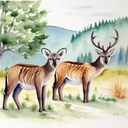 two deers that are standing in the grass,two deer standing in a field next to a tree