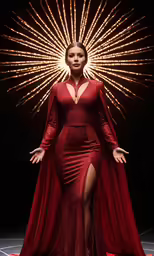 the model wearing a red gown with long sleeves and thigh high slits
