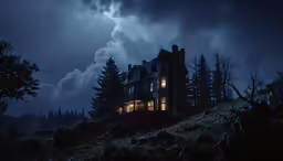 there is a dark castle on the hillside and a full moon