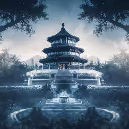 a pagoda in the middle of water in front of mountains