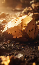 a piece of rock laying on the ground near rocks
