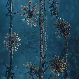 the view of three tall plant stems with tiny flowers