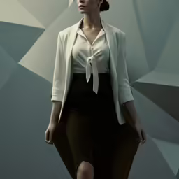 a woman in white shirt and black skirt walking down the runway