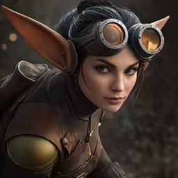 a girl in a brown leather outfit with goggles