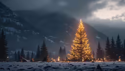 a large tree stands in front of a mountain range