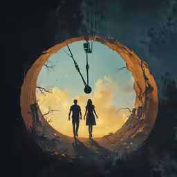 two people walking along a dirt road with an object in the background