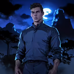 a guy with dark hair standing in front of a night sky
