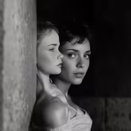 the two model are dressed in white, one with a necktie