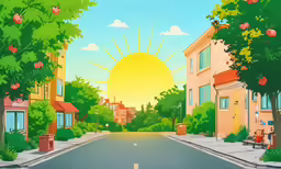 an image of the sun setting over the street