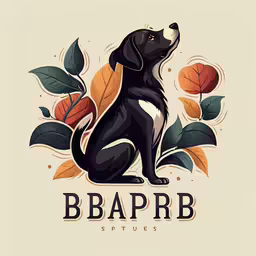 the black dog sitting in front of some colorful leaves
