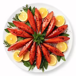 fresh oranges and lemon slices arranged on a white plate