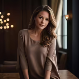 a woman is sitting at a wooden table posing for the camera