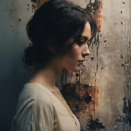 the woman is looking out of the window in the picture