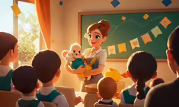 a woman holding a teddy bear stands in front of children
