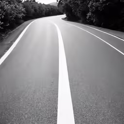 the curved road has a white painted line