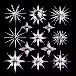 various types and shapes of shiny stars on black background,starbursts and diamonds that have been cut out of paper