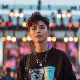 an asian girl holding a coffee in front of a concert