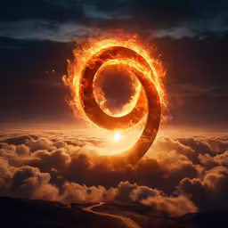 the sun is shining through a swirl of fire on a cloudy sky
