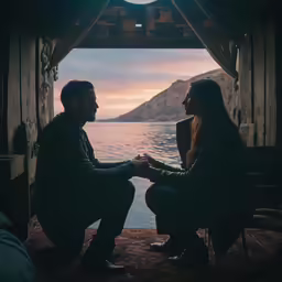 two people sitting on a bench looking at the lake
