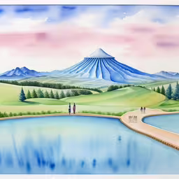a painting of two people standing next to a mountain,this is a drawing of two people walking in front of water