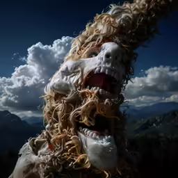 an animal wearing various hair and mask looks toward a mountain range