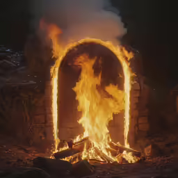 an arch burning with bright red fire on the side of it