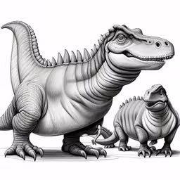 a couple of dinosaurs with one on the ground,a close up of two dinosaurs near one another,two dinosaurs, one in the foreground and the other in the background,a large dinosaur and a small dinosaur standing next to each other,two dinosaurs are standing next to each other